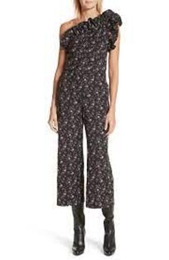 Rebecca Taylor One Shoulder Dark Floral Jumpsuit Ruffle Wide Leg Black 12 NWT